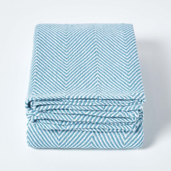 Homescapes Cotton Halden Chevron Teal Throw, 150 x 200 cm