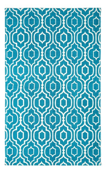 Riga Handwoven Teal and White 100% Cotton Printed Patterned Rug, 90 x 150 cm