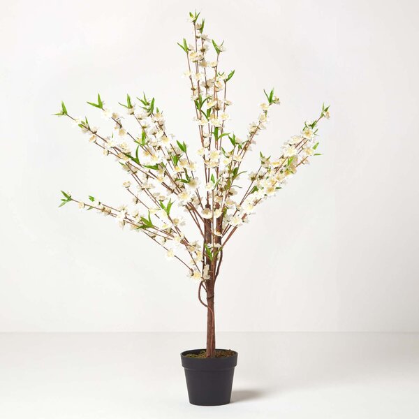 Artificial Blossom Tree with Cream Silk Flowers & Wood Trunk, 4.4 ft