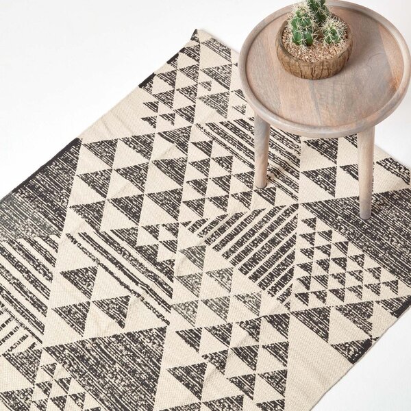 Delphi Handwoven Black and White 100% Cotton Printed Triangular Pattern Rug, 90 x 150 cm