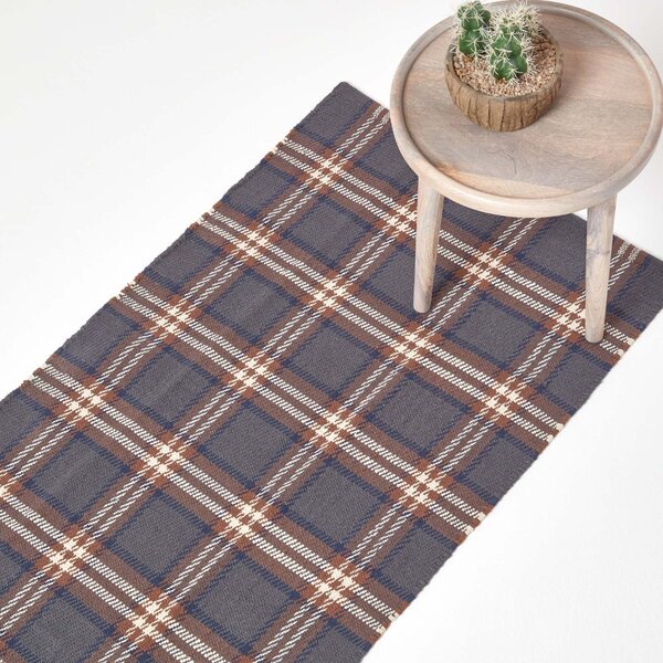 Hamilton Handwoven Grey and Brown Tartan 100% Cotton Runner, 66 x 200 cm