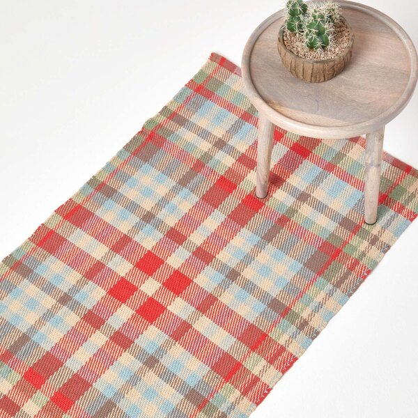 Ramsay Handwoven Red, Blue and Cream Tartan 100% Cotton Hallway Runner, 66 x 200 cm