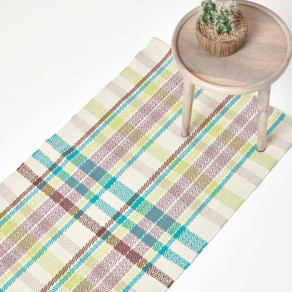 Wilson Handwoven Blue, Yellow and Brown Tartan 100% Cotton Runner, 66 x 200 cm