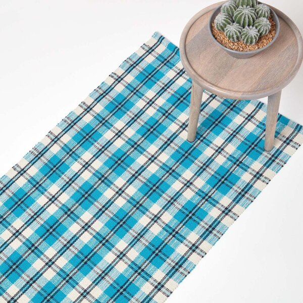 Homescapes Irvine Handwoven Blue Tartan 100% Cotton Hall Runner, 66 x 200 cm