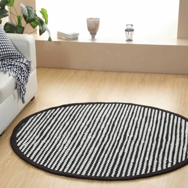 Groove Black and White Monochrome Stripy Cotton Chindi Rug, 150 cm Round