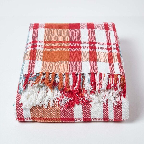 Red Tartan 100% Cotton Falun Throw with Tassels, 150 x 200 cm