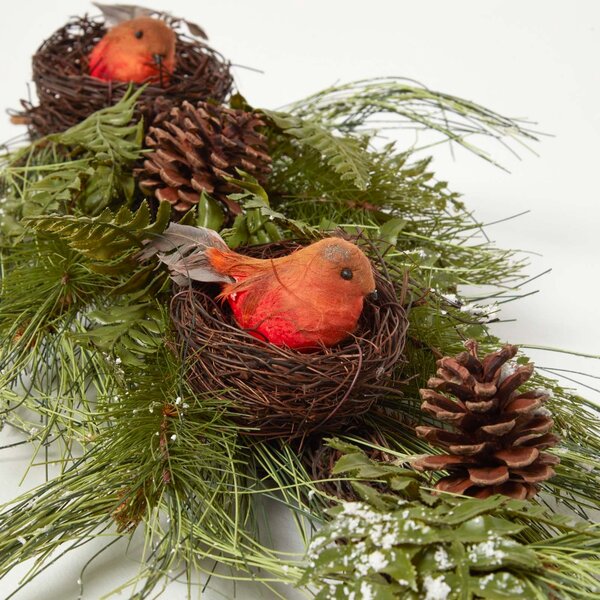 Artificial Replica Pine Branch Christmas Swag with Robins Nests