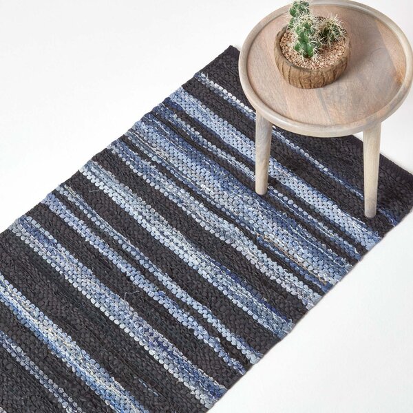 Homescapes Texas Leather & Denim Woven Striped Blue Hall Runner, 66 x 200 cm