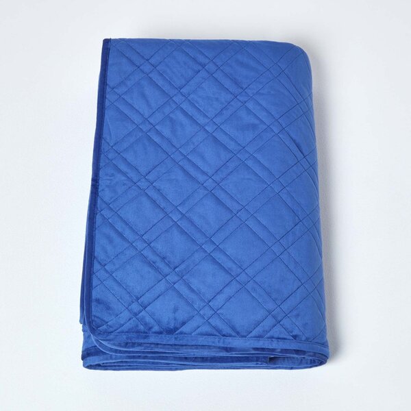 Homescapes Blue Quilted Velvet Bedspread Geometric Double Bed Throw