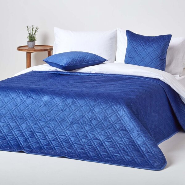 Homescapes Blue Quilted Velvet Bedspread Geometric Double Bed Throw