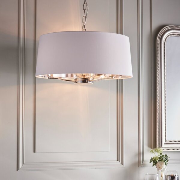 Endon Harvey 73021 3 Light Ceiling Pendant Light In Bright Nickel With White Faux Silk Shade