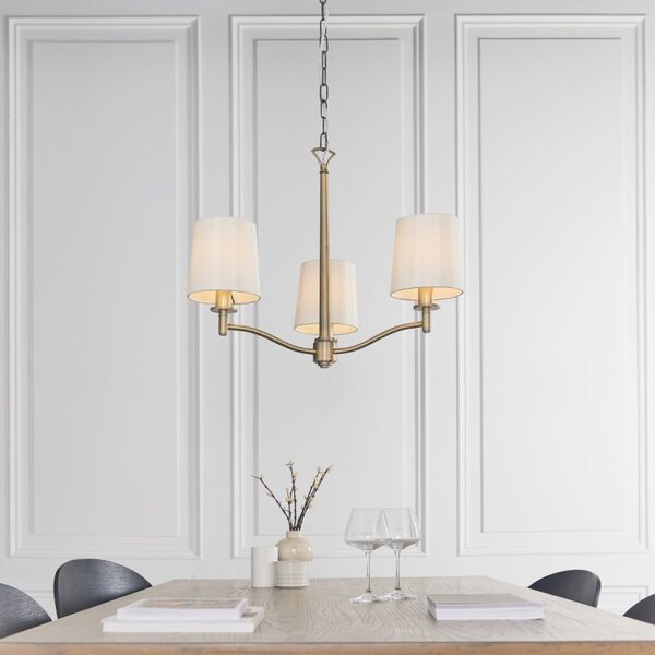Endon 73411 Ortona Three Light Ceiling Pendant Light In Matt Antique Brass And White Faux Silk Shade