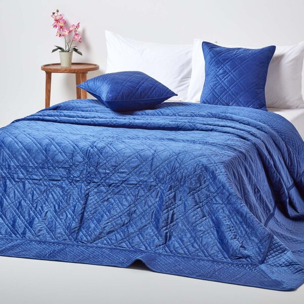 Homescapes Blue Quilted Velvet Bedspread Geometric King Size Bed Throw