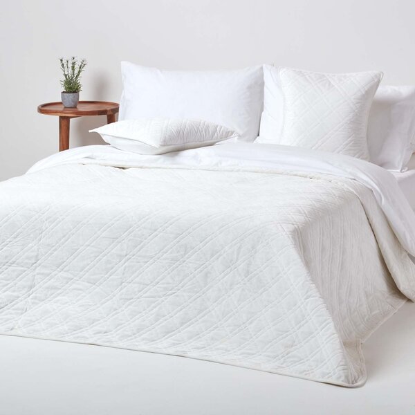 Homescapes Cream Quilted Velvet Bedspread Geometric Double Bed Throw