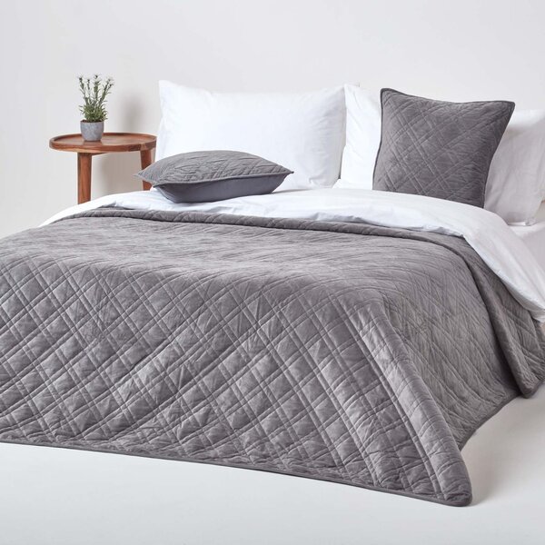 Dark Grey Quilted Velvet Bedspread Geometric Double Bed Throw