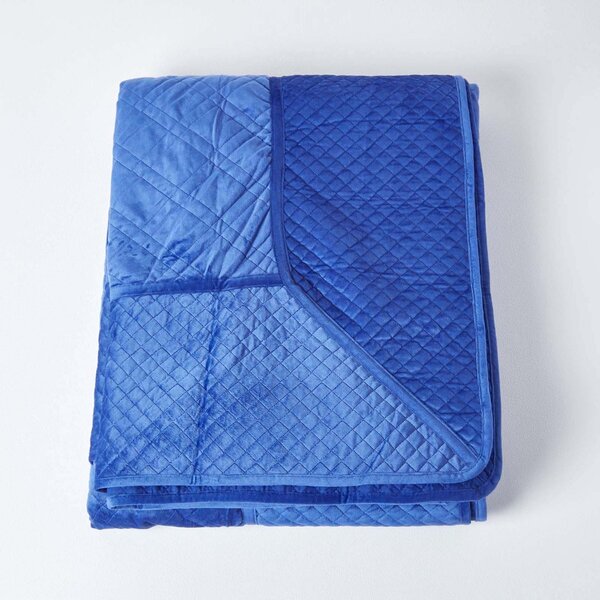 Homescapes Blue Quilted Velvet Bedspread Geometric King Size Bed Throw