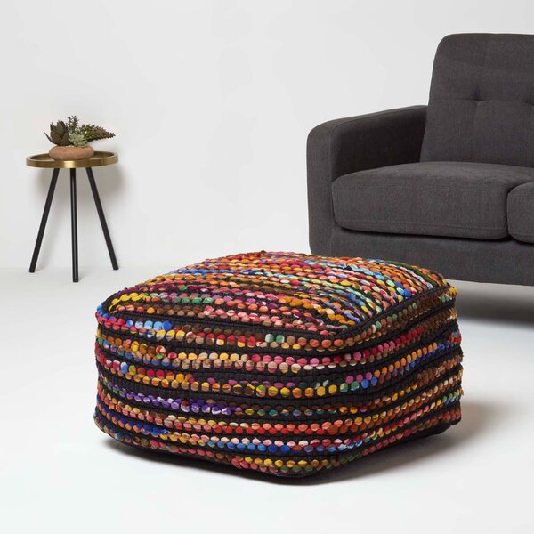 Multi Coloured Folk Woven Bean Filled Pouffe Cube Square 60 x 60 cm