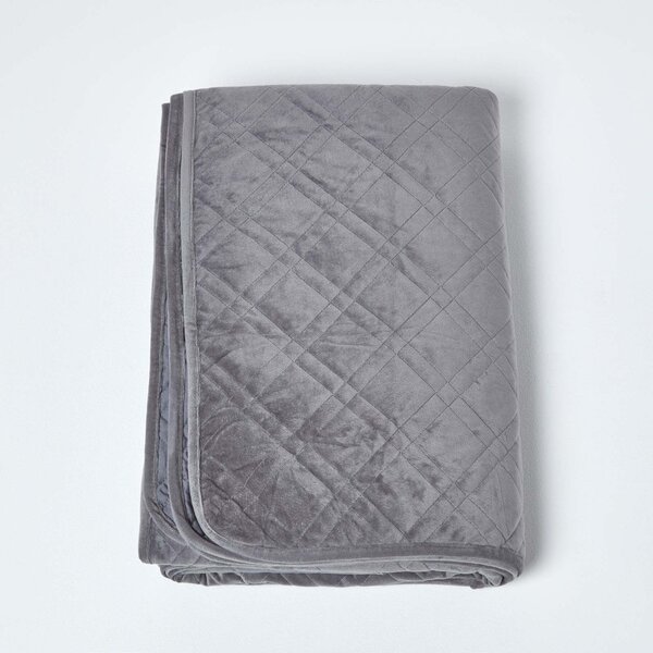 Dark Grey Quilted Velvet Bedspread Geometric Double Bed Throw