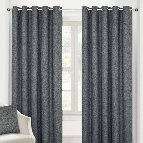 Dark Grey Heavy Weight Textured Blackout Lined Eyelet Curtain Pair, 66 x 72"