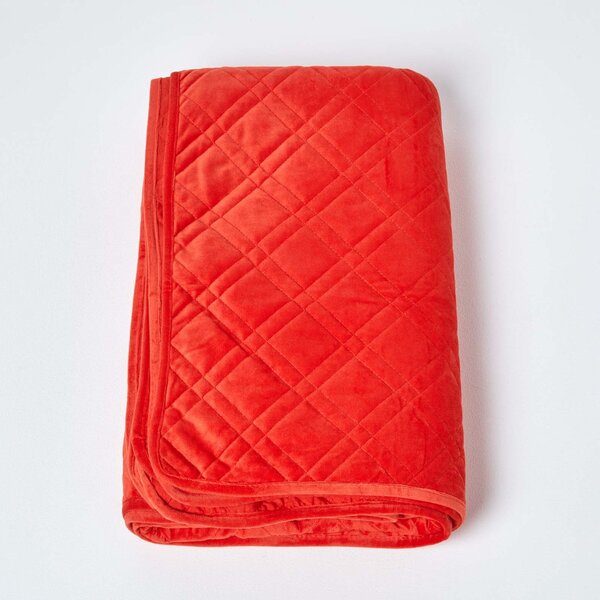 Burnt Orange Quilted Velvet Bedspread Geometric Double Bed Throw