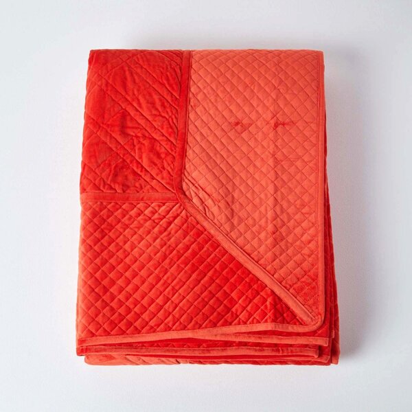 Burnt Orange Quilted Velvet Bedspread Geometric King Size Bed Throw