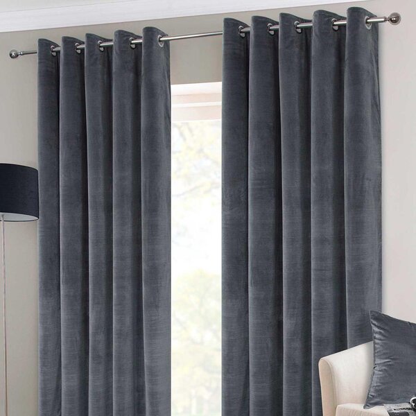 Dark Grey Interlined Velvet Thermal Eyelet Curtain Pair, 66 x 72"