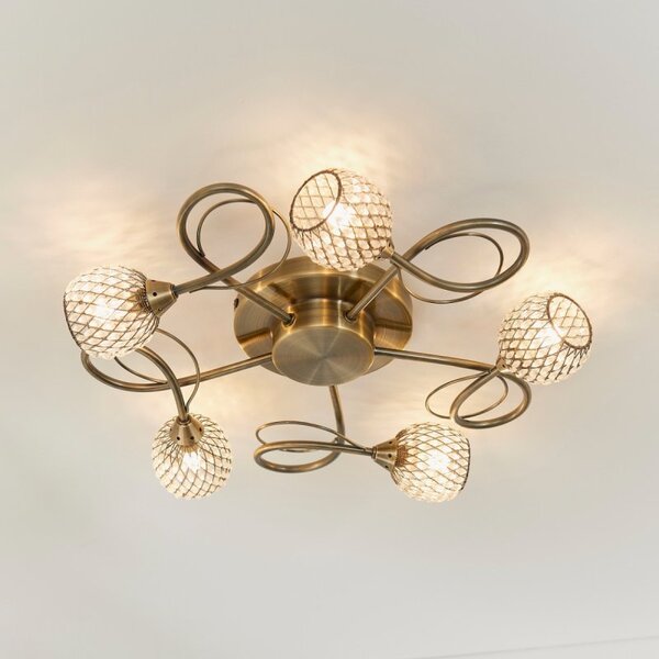 Endon 73757 Aherne Five Light Semi Flush Ceiling Light In Antique Brass Plate With Clear Bead Shades