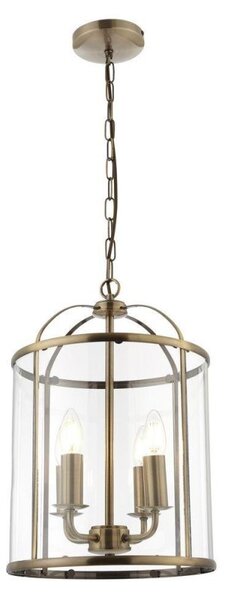 Hanging 4 light Hall Ceiling Lantern in Antique Brass with Glass Panels