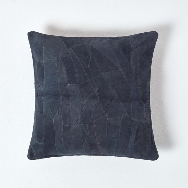 Homescapes Navy Real Leather Suede Cushion with Feather Filling