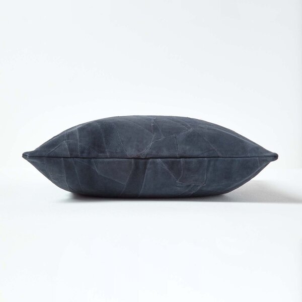 Homescapes Navy Real Leather Suede Cushion with Feather Filling