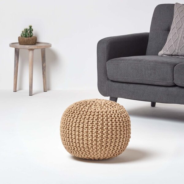 Homescapes Linen Knitted Cotton Pouffe Footstool Round 35 x 40 cm