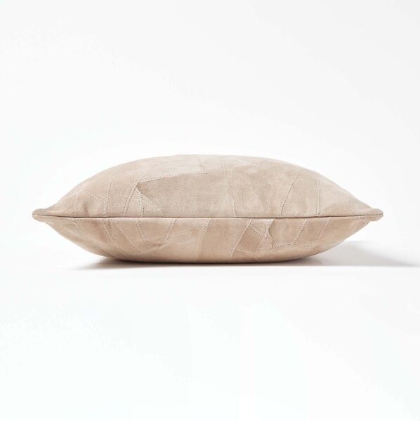 Homescapes Cream Real Leather Suede Cushion with Feather Filling