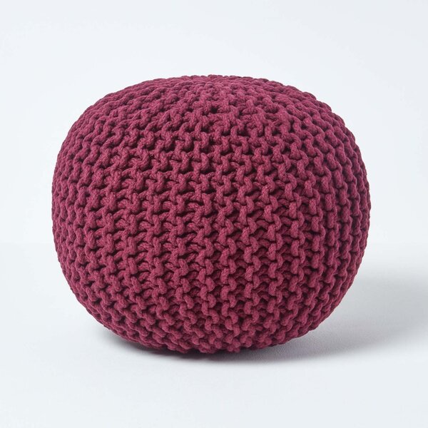 Homescapes Plum Knitted Cotton Pouffe Footstool Round 35 x 40 cm