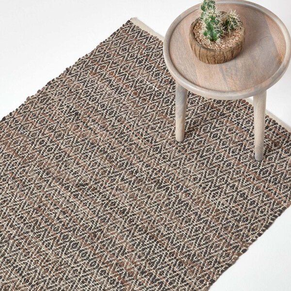 Brown Real Leather Handwoven Diamond Pattern Rug, 90 x 150 cm