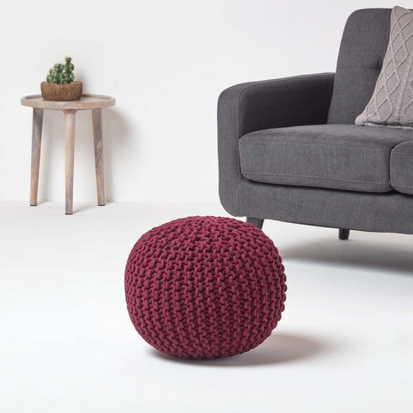 Homescapes Plum Knitted Cotton Pouffe Footstool Round 35 x 40 cm