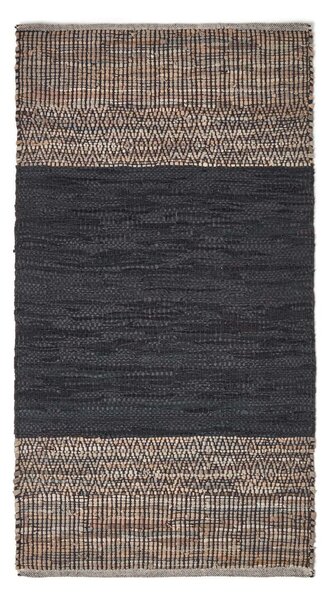 Black Recycled Leather Handwoven Herringbone Rug, 90 x 150 cm