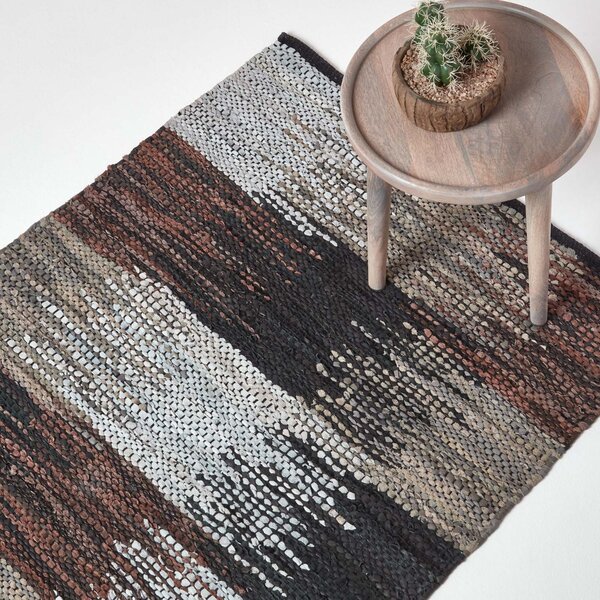 Black, Grey & Brown Real Leather Handwoven Cutshuttle Rug, 90 x 150 cm