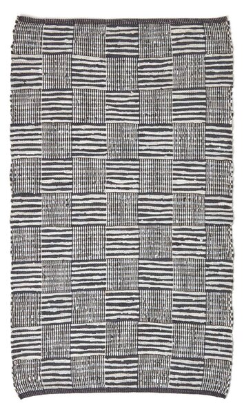 Black & White Real Leather Handwoven Striped Block Check Rug, 90 x 150 cm