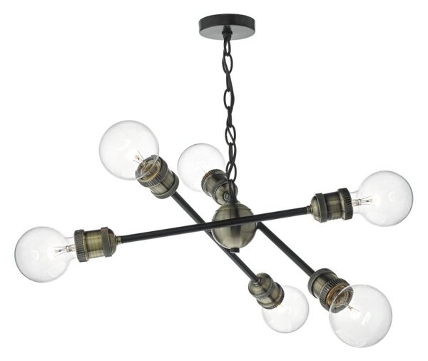 Dar BRI0654 Brigade 6 Light Pendant Light In Black And Antique Brass