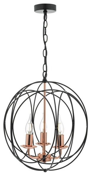 Dar PHO0322 Phoenix 3 Light Ceiling Pendant Light In Black And Copper