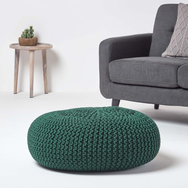 Forest Green Knitted Cotton Large Round Pouffe Footstool 70 x 23cm