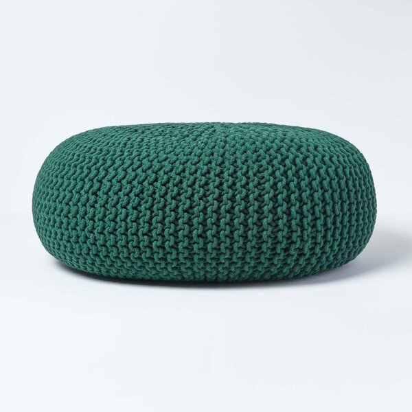 Forest Green Knitted Cotton Large Round Pouffe Footstool 70 x 23cm