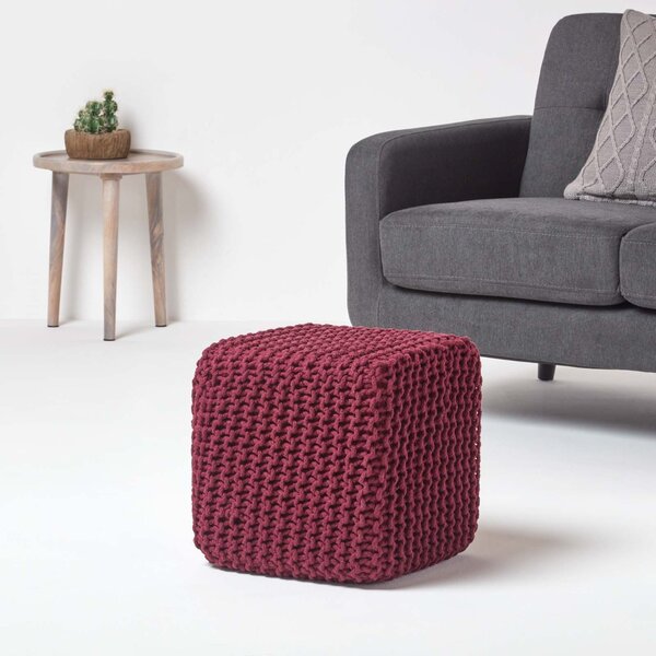 Homescapes Plum Knitted Cotton Cube Footstool 35 x 35 x 35 cm