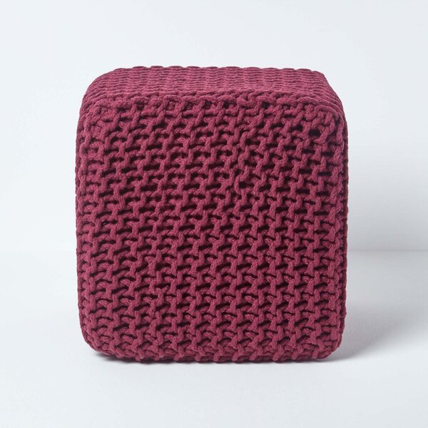 Homescapes Plum Knitted Cotton Cube Footstool 35 x 35 x 35 cm