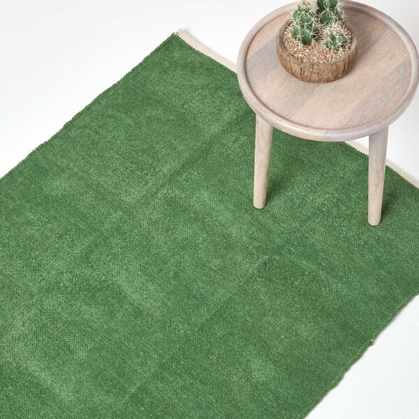 Dark Olive 100% Cotton Plain Chenille Rug with Natural Trim, 45 x 70 cm