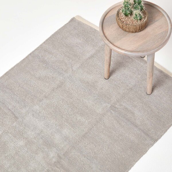 Light Grey 100% Cotton Plain Chenille Rug with Natural Trim, 45 x 70 cm