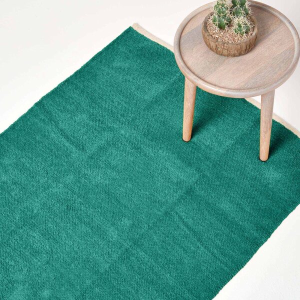 Teal Green 100% Cotton Plain Chenille Rug with Natural Trim, 60 x 100 cm