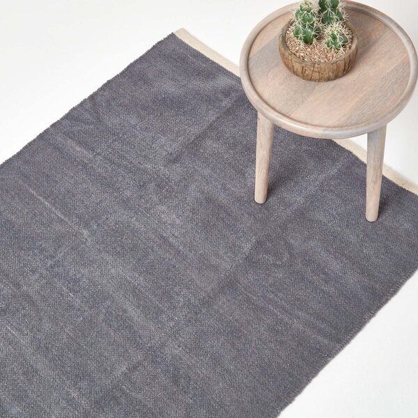 Dark Grey 100% Cotton Plain Chenille Rug with Natural Trim, 45 x 70 cm