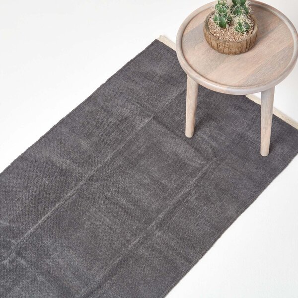 Dark Grey 100% Cotton Plain Chenille Runner with Natural Trim, 66 x 200 cm