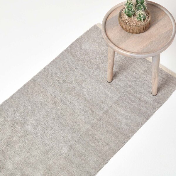 Light Grey 100% Cotton Plain Chenille Runner with Natural Trim, 66 x 200 cm